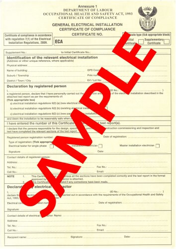 Sample Official Electrical Certificate of Compliance from Department